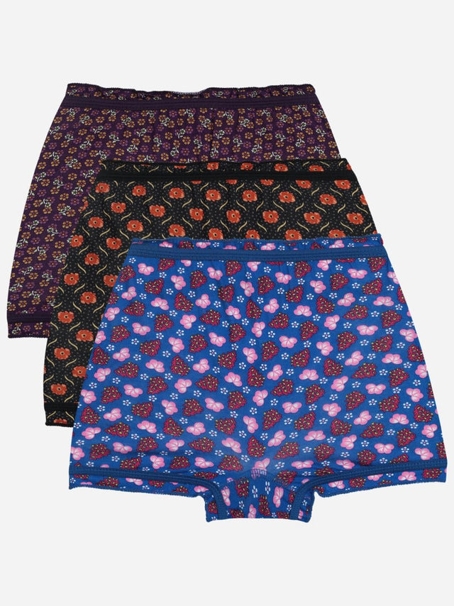 Set of three kids' innerwear shorts in purple, black, and blue with floral patterns