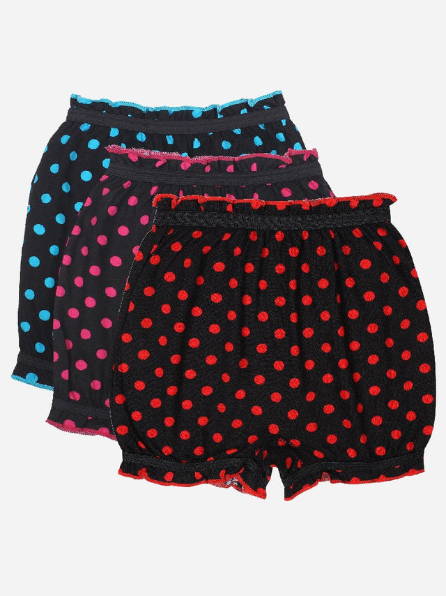 Set of three girls' innerwear shorts with colorful polka dots and elastic waistbands