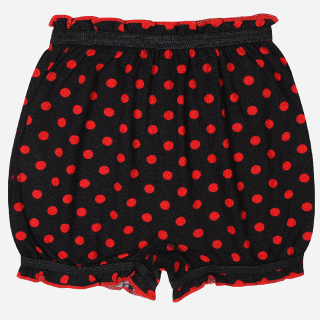 Black kids' innerwear shorts with red polka dots and ruffled trim, comfortable fit