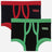 Kids innerwear multipack with black fabric, red and green contrast waistbands, and soft cotton material.