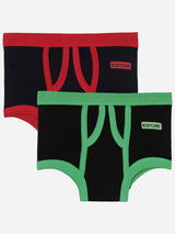 Kids innerwear multipack with black fabric, red and green contrast waistbands, and soft cotton material.