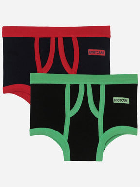 Kids innerwear multipack with black fabric, red and green contrast waistbands, and soft cotton material.
