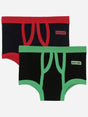 Kids innerwear multipack with black fabric, red and green contrast waistbands, and soft cotton material.