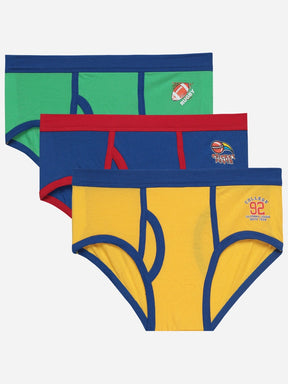 Set of three boys' cotton briefs in green, blue, and yellow with sports-themed prints