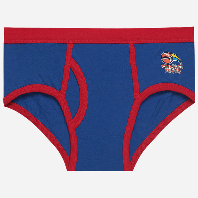 Kids blue briefs with red trim and cricket fever graphic design on front