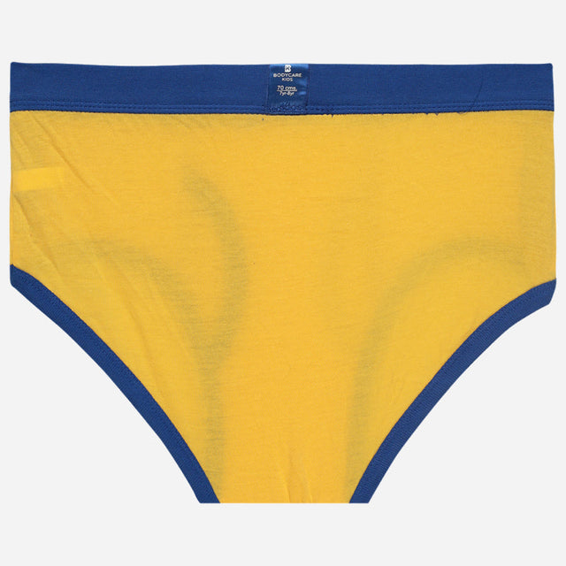 Kids yellow cotton briefs with blue waistband and trim, comfortable innerwear, front view