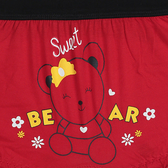 Red kids' innerwear with cute bear print, floral accents, and playful lettering