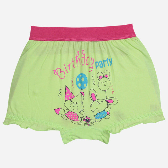 Light green kids innerwear shorts with pink waistband and cute birthday party cartoon print