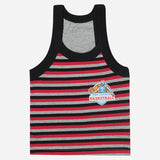 Kids striped sleeveless vest with black, red, and grey stripes and basketball print