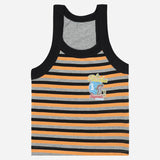 Kids sleeveless striped vest with yellow, black, and gray lines and printed chest patch