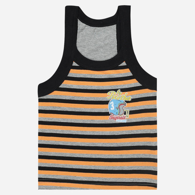 Kids sleeveless striped vest with yellow, black, and gray lines and printed chest patch