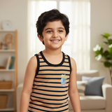 Smiling boy in a striped cotton sleeveless vest for kids, standing indoors