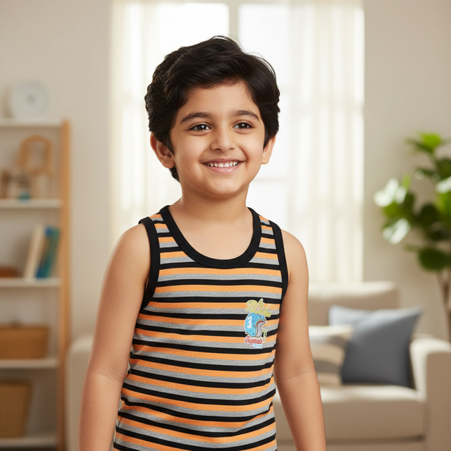 Smiling boy in a striped cotton sleeveless vest for kids, standing indoors