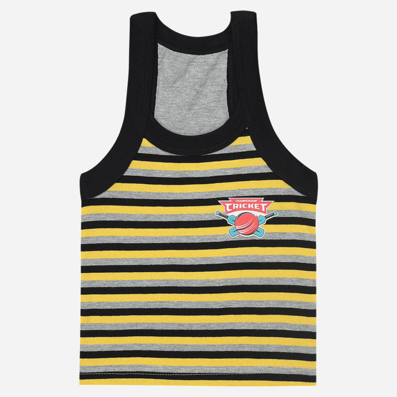 Kids sleeveless striped vest with yellow, black, and grey stripes and cricket badge print