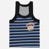 Boys striped sleeveless vest with 'Athletic Soccer Club' print, blue, black, and grey.