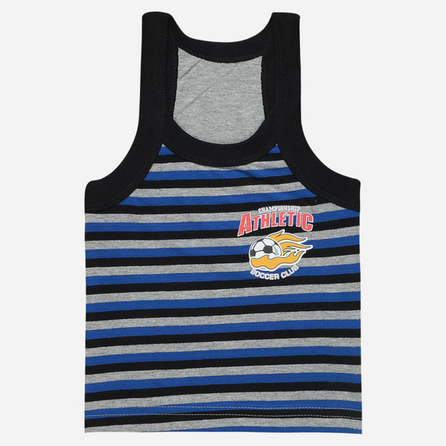 Boys striped sleeveless vest with 'Athletic Soccer Club' print, blue, black, and grey.