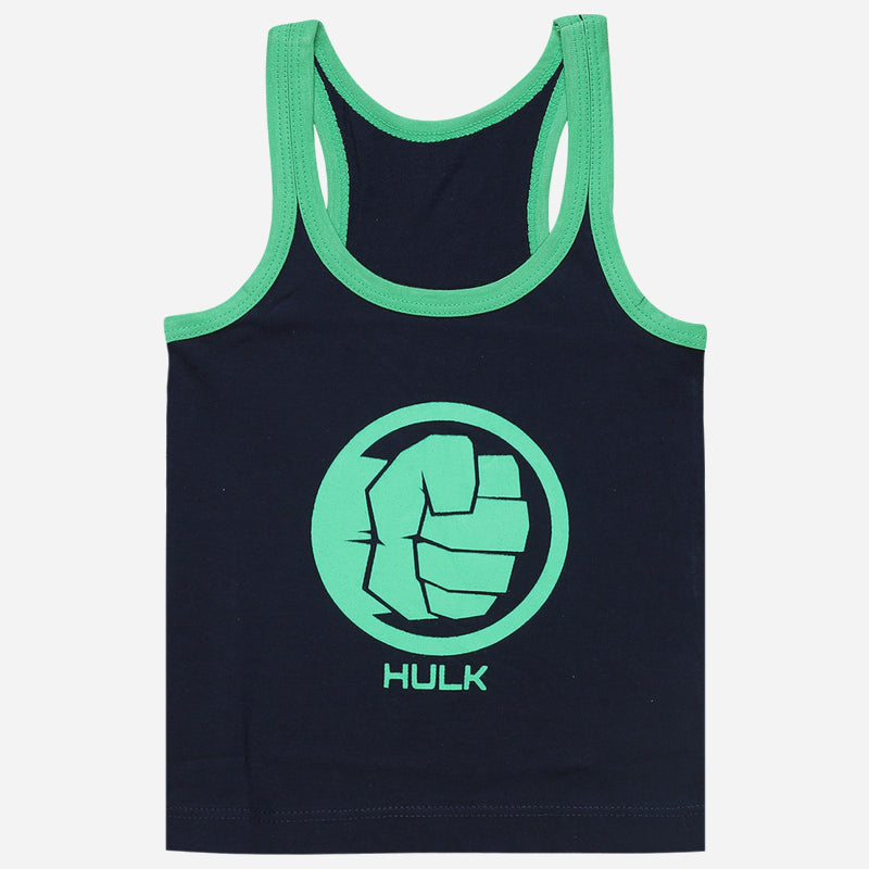 Kids navy blue sleeveless vest with green Hulk fist graphic and green trim
