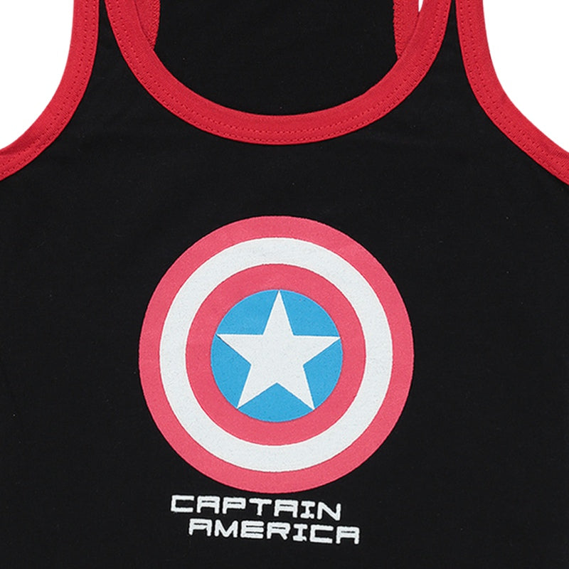 Black kids sleeveless innerwear with red trim and Captain America shield graphic