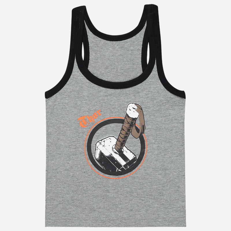 Kids grey sleeveless vest with black trim and Thor hammer graphic print on front