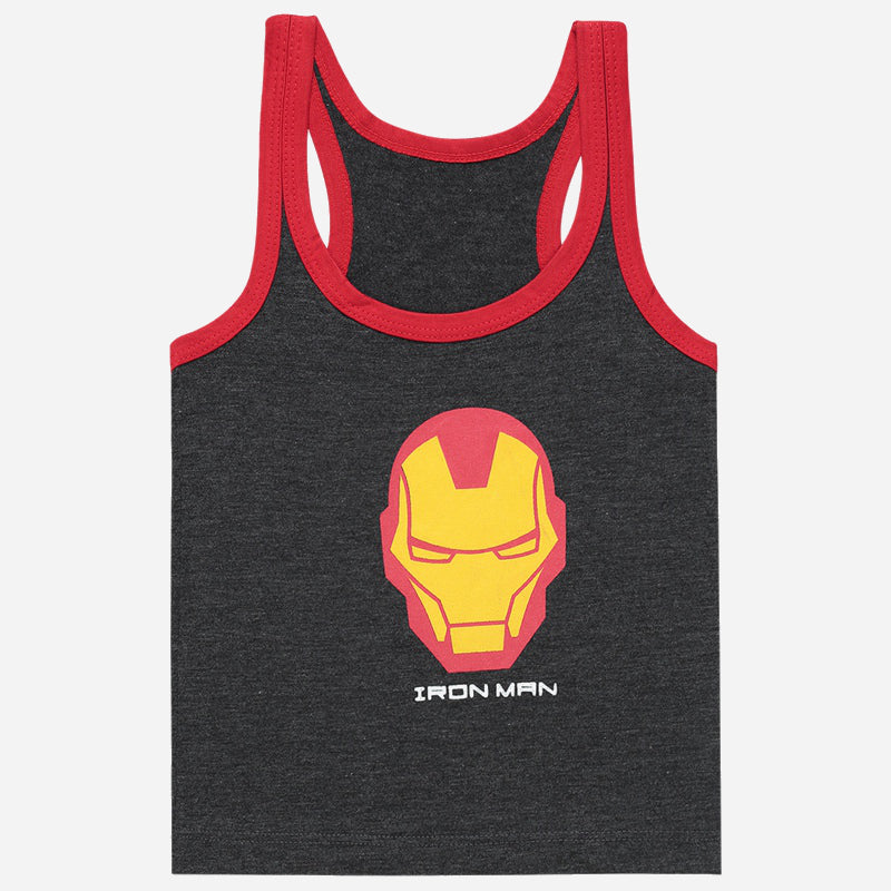 Kids' charcoal sleeveless vest with red trim and yellow Iron Man face print on front