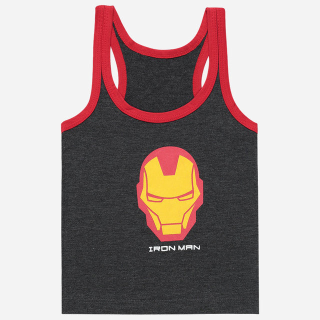 Kids' charcoal sleeveless vest with red trim and yellow Iron Man face print on front