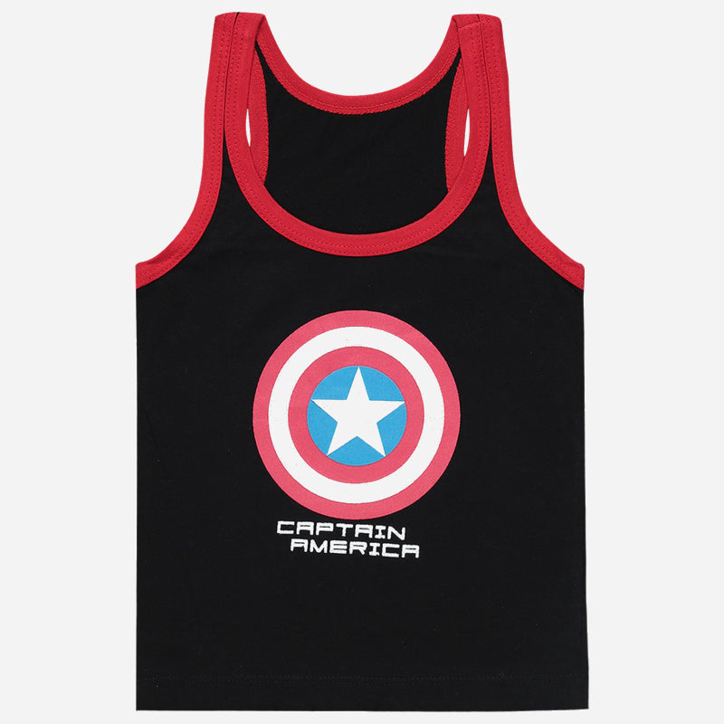 Kids black sleeveless vest with Captain America shield print and red trim.