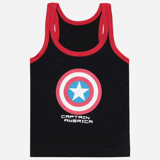 Kids black sleeveless vest with Captain America shield print and red trim.