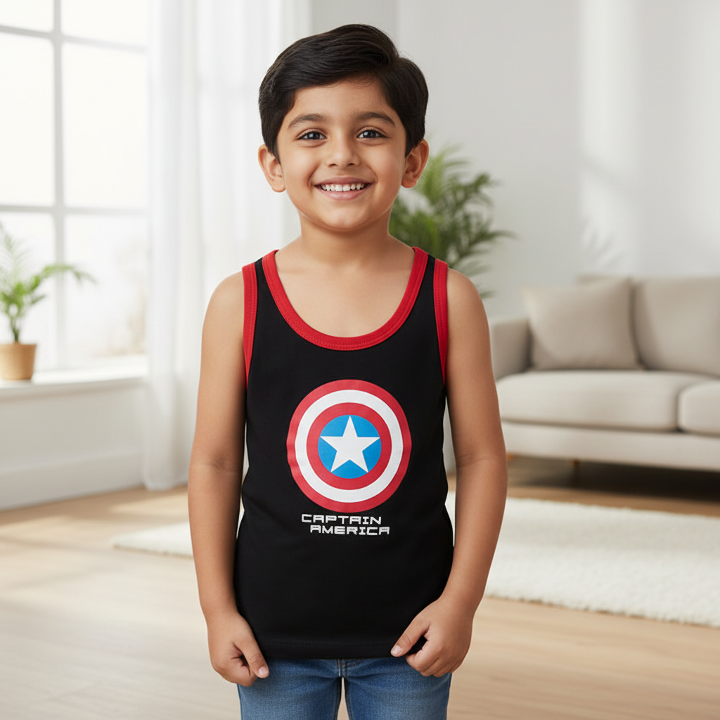 Smiling boy wearing black and red Captain America sleeveless kids vest in living room