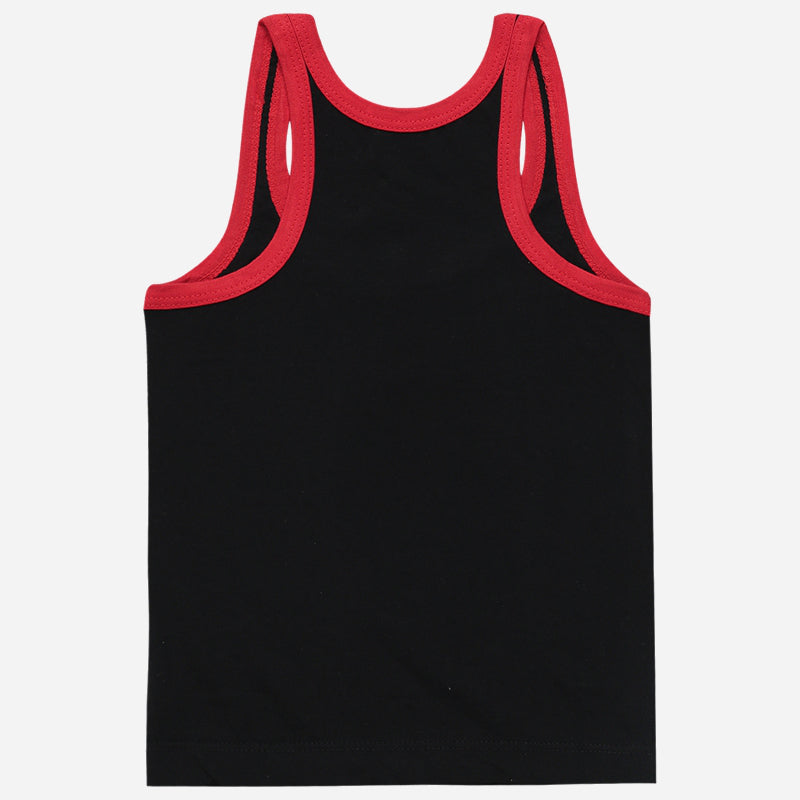 Black kids sleeveless vest with red trim, comfortable cotton innerwear