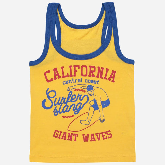 Yellow kids tank top with blue trim, California surfer print and graphic of surfing boy