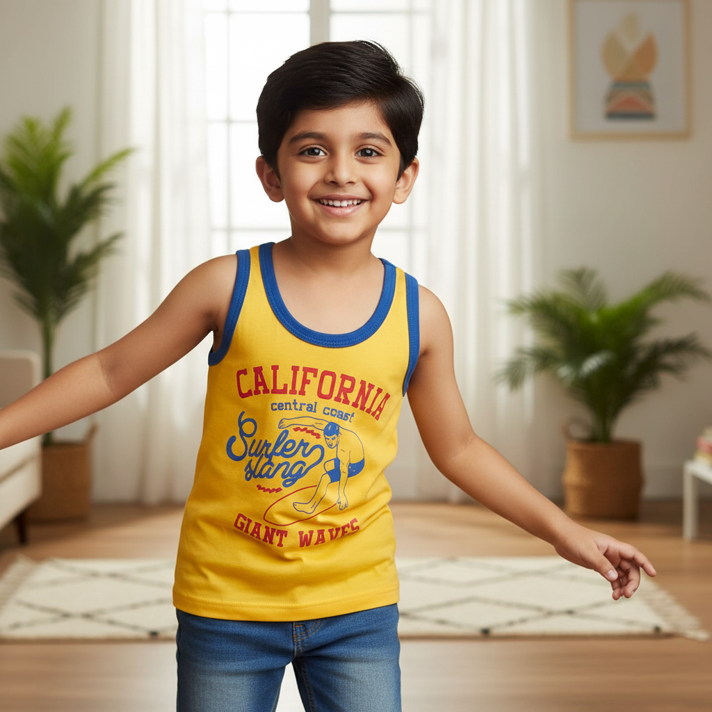 Smiling boy in yellow California print sleeveless vest and jeans, indoors.