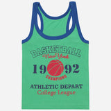 Green kids sleeveless vest with blue trim, basketball print and athletic college text