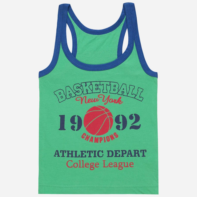 Green kids sleeveless vest with blue trim, basketball print and athletic college text