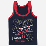Kids navy blue tank top with red trim and skateboard-themed graphic print