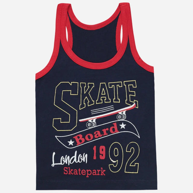 Kids navy blue tank top with red trim and skateboard-themed graphic print