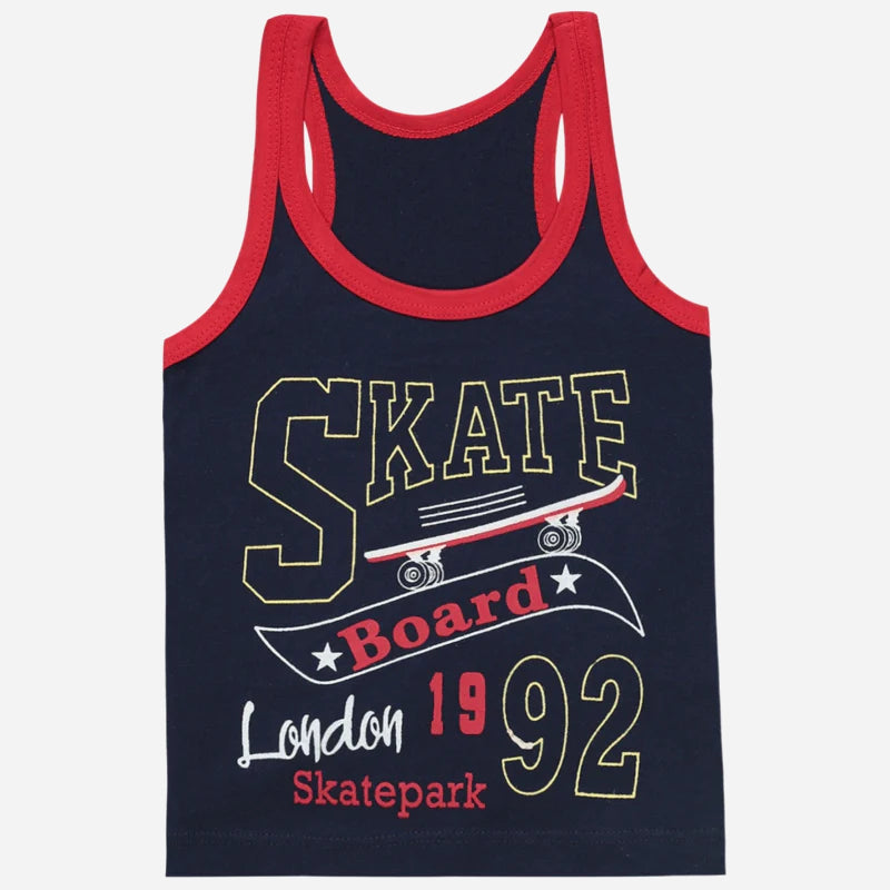 Kids navy blue tank top with red trim and skateboard-themed graphic print