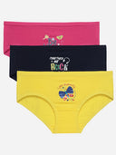 Kids cotton underwear multipack in pink, navy, and yellow with playful prints