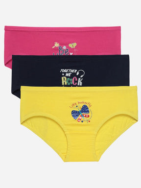 Kids cotton underwear multipack in pink, navy, and yellow with playful prints