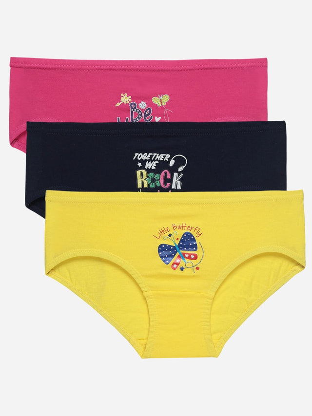 Kids cotton underwear multipack in pink, navy, and yellow with playful prints