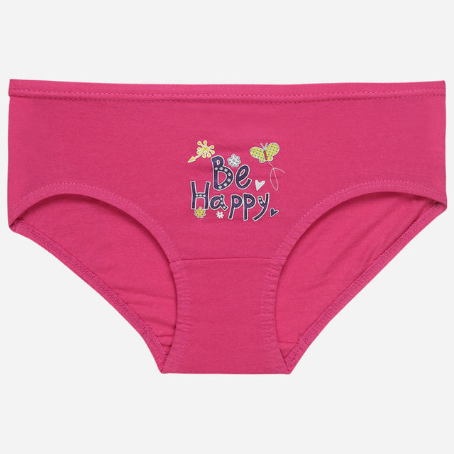 Pink girls cotton underwear with 'Be Happy' butterfly and flower print, kids innerwear