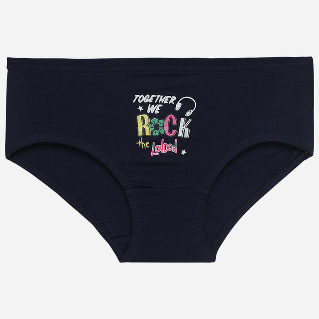 Navy blue girls innerwear brief with 'Together We Rock the London' colorful print on front