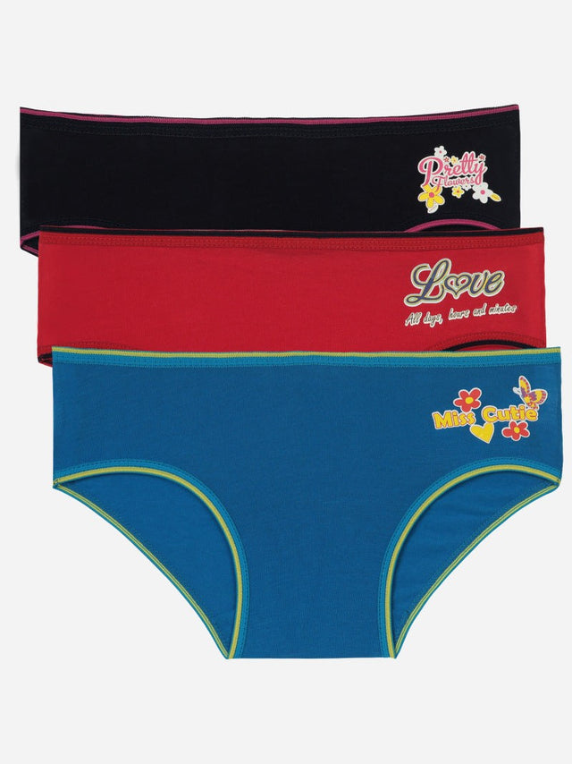 Three girls' cotton panties in black, red, and blue with printed designs and slogans.