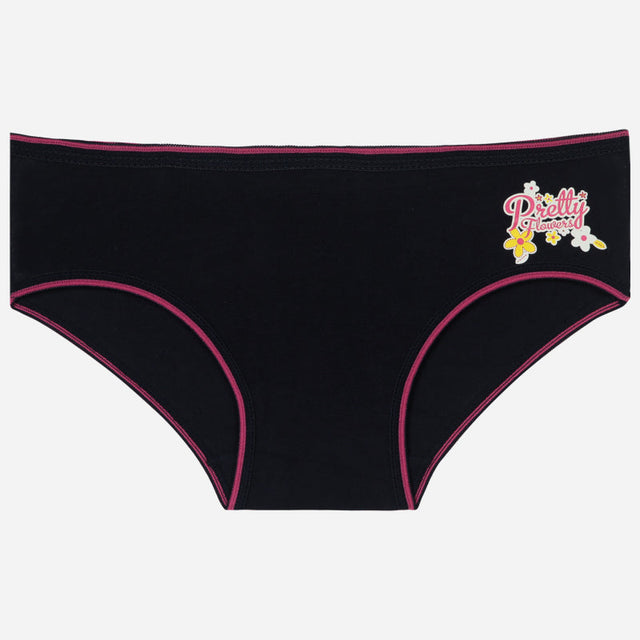 Girls' black cotton underwear with pink trim and floral 'Pretty Flowers' print