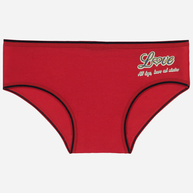 Red girls' cotton underwear with black trim and 'Love' text print on the front