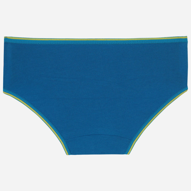 Blue kids cotton brief underwear with yellow trim on a plain white background