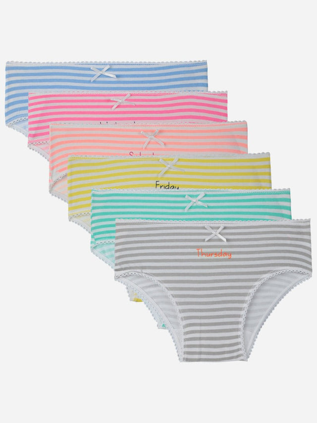 Set of striped girls' underwear in pastel colors, each with a weekday name and bow detail.