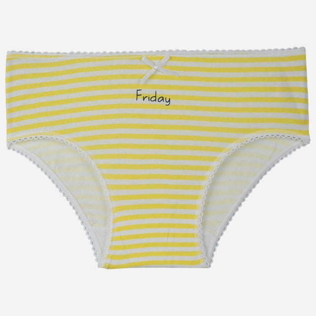 Yellow and white striped girls' underwear with Friday text and lace trim