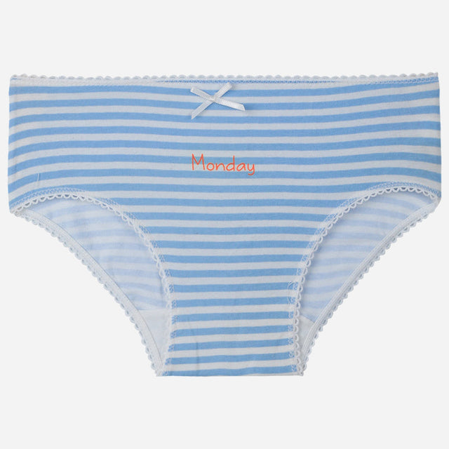 Girls’ blue and white striped underwear with Monday text, lace trim, and small bow detail