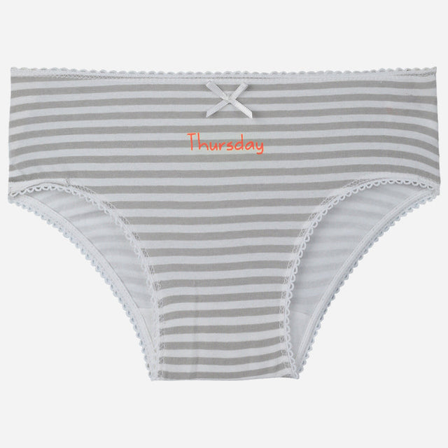 Girls' grey and white striped underwear with lace trim and 'Thursday' text detail