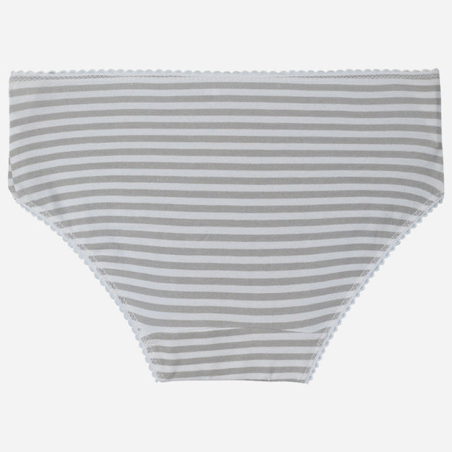 Kids striped innerwear brief with grey and white horizontal lines on plain background